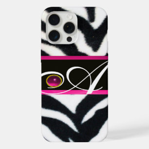 BLACK WHITE ZEBRA FUR FUCHSIA PINK GEM MONOGRAM, iPhone 15 PRO MAX CASE