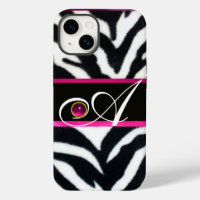 BLACK WHITE ZEBRA FUR FUCHSIA  PINK GEM MONOGRAM,