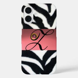 BLACK WHITE ZEBRA FUR  PINK GEM MONOGRAM, iPhone 16 CASE