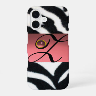 BLACK WHITE ZEBRA FUR PINK GEM MONOGRAM, iPhone 16 CASE