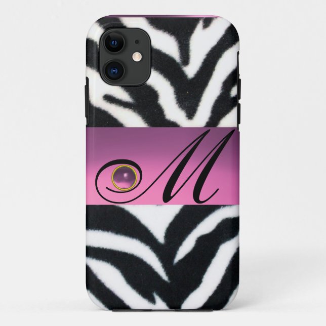 BLACK WHITE ZEBRA FUR  PINK LILAC GEM MONOGRAM, Case-Mate iPhone CASE (Back)