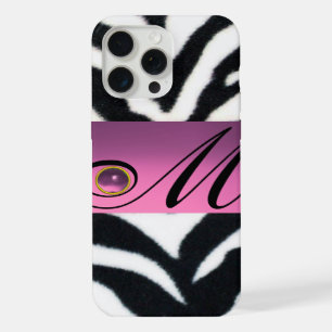 BLACK WHITE ZEBRA FUR PINK LILAC GEM MONOGRAM, iPhone 15 PRO MAX CASE