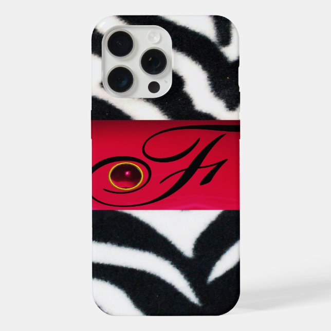 BLACK WHITE ZEBRA FUR  RED  GEM MONOGRAM, iPhone CASE (Back)