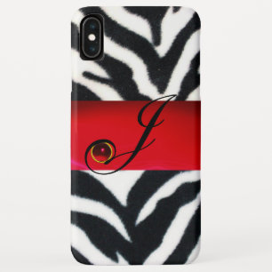 BLACK WHITE ZEBRA FUR  RED RUBY  GEM MONOGRAM, iPhone XS MAX CASE