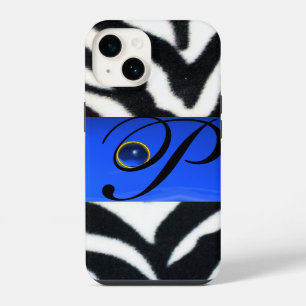 BLACK WHITE ZEBRA FUR SAPPHIRE BLUE GEM MONOGRAM, iPhone 14 CASE
