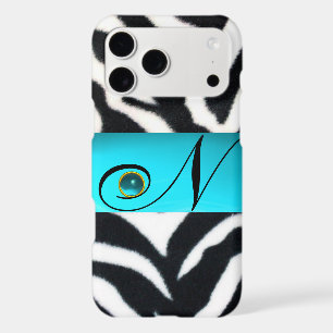 BLACK WHITE ZEBRA FUR TEAL AQUA BLUE GEM MONOGRAM,