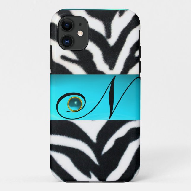 BLACK WHITE ZEBRA FUR TEAL AQUA BLUE GEM MONOGRAM, Case-Mate iPhone CASE (Back)