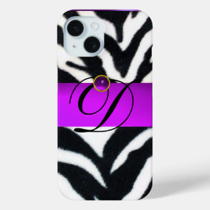 BLACK WHITE ZEBRA FUR VIOLET PURPLE GEM MONOGRAM, iPhone 15 CASE