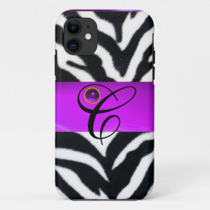 BLACK WHITE ZEBRA FUR VIOLET PURPLE GEM MONOGRAM, iPhone 11 CASE