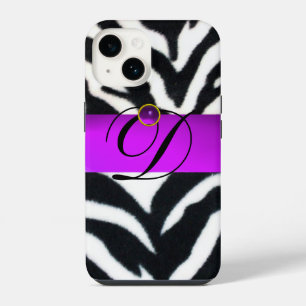BLACK WHITE ZEBRA FUR VIOLET PURPLE GEM MONOGRAM, iPhone 14 CASE