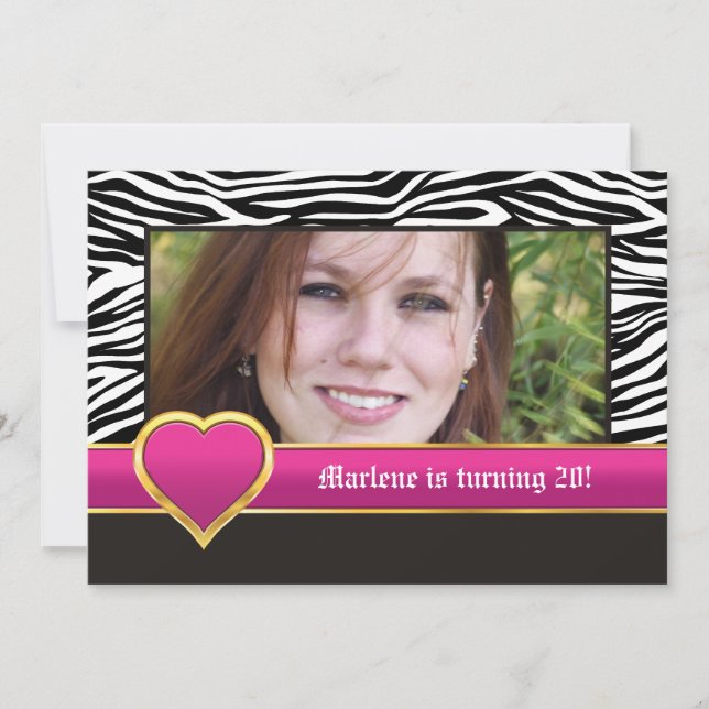Black white zebra & heart 20th birthday photo invitation (Front)