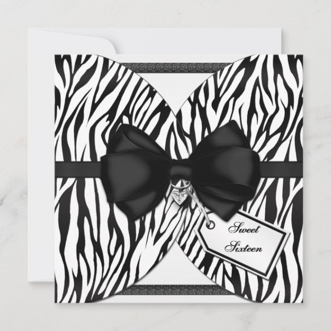 Black White Zebra Invite Ribbon & Jewelled Bow (Front)