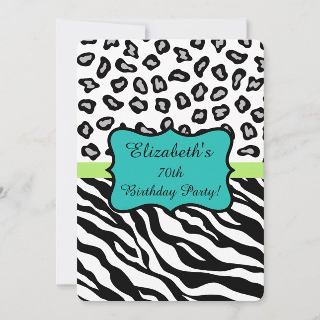 Black White Zebra Leopard Skin 70th Birthday Party Invitation (Front)