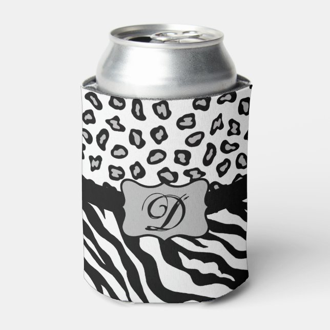 Black White Zebra Leopard Skin Monogram Can Cooler (Can Front)