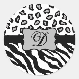 Black White Zebra Leopard Skin Monogram Classic Round Sticker