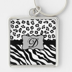 Black White Zebra Leopard Skin Monogram Keychain