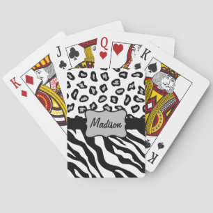 Black White Zebra Leopard Skin Monogram Playing Cards