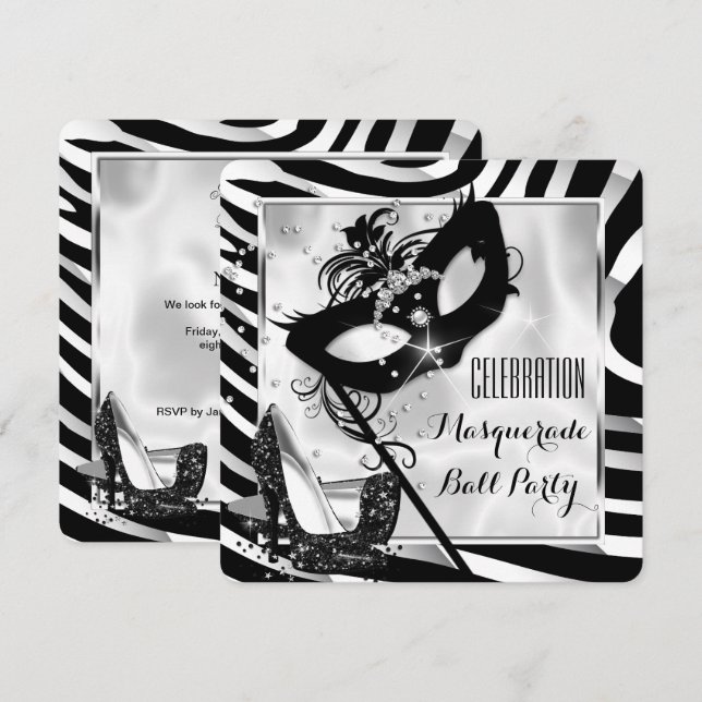 Black White Zebra Masquerade Ball Party 2 Invitation (Front/Back)