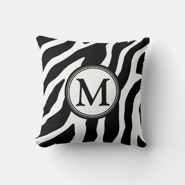 Black White Zebra Monogram Decorative Pillow (Front)