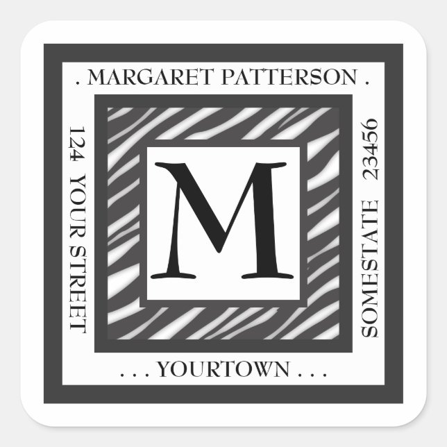 Black & White Zebra Monogram Square Address Label (Front)
