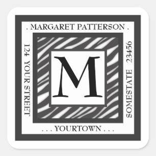 Black & White Zebra Monogram Square Address Label