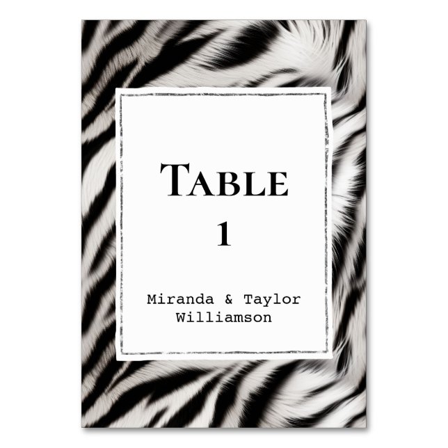 Black White Zebra Print Fur Table Number (Front)