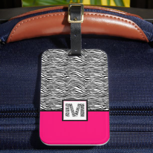 Black & White Zebra Print Monogram   Hot Pink Luggage Tag