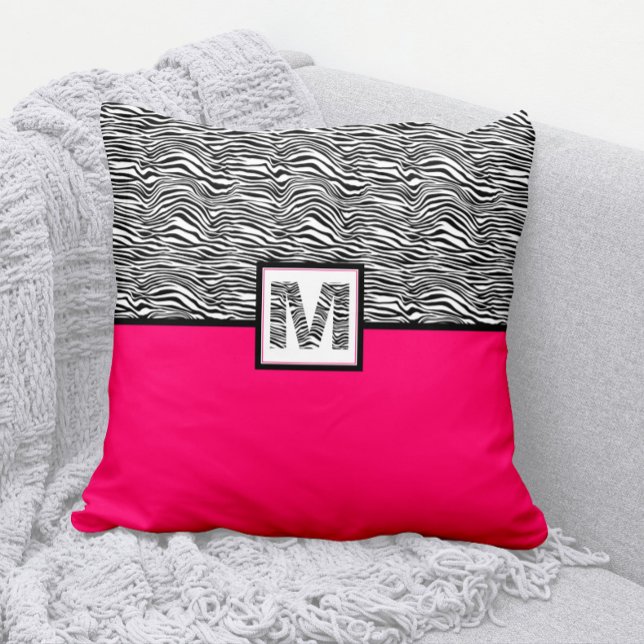 Black & White Zebra Print Monogram | Hot Pink Throw Pillow (Cute Hot Pink and Zebra Print Pillow with Zebra Monogram)