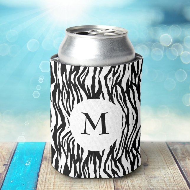 Black White Zebra Print Pattern Monogram Bold Cool Can Cooler (Creator Uploaded)