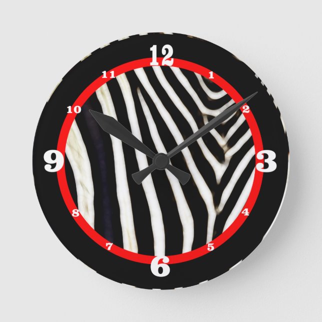 Black & White Zebra Print Red Accent Numbered Round Clock (Front)