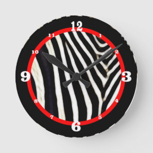 Black & White Zebra Print Red Accent Numbered Round Clock