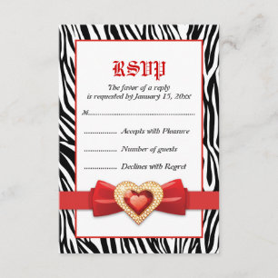 Black white zebra print & red jewel wedding RSVP Card