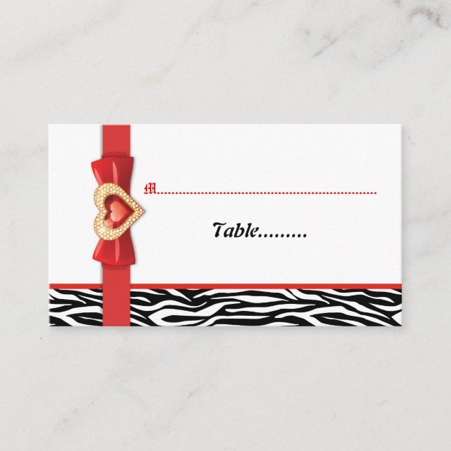 Black white zebra print, red wedding place card (Front)