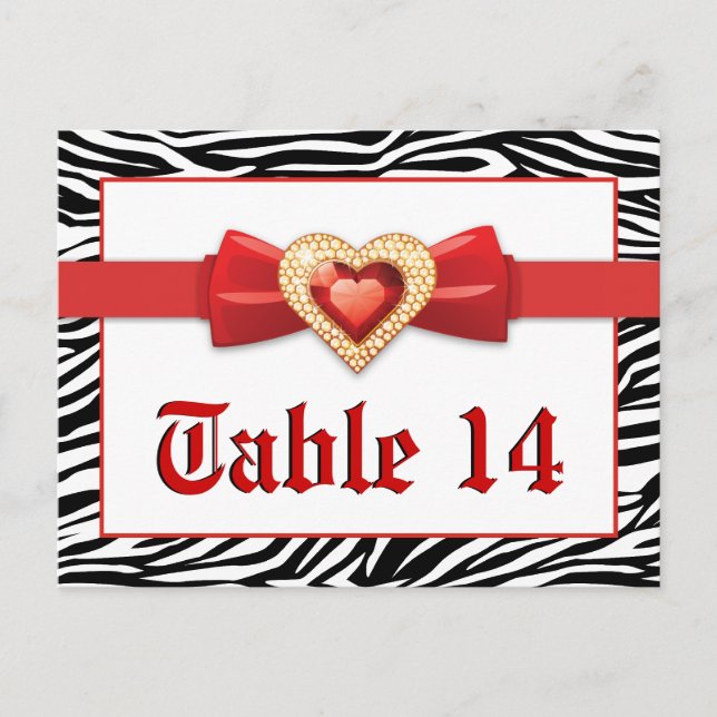 Black white zebra print, red wedding table number postcard (Front)