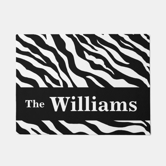 Black White Zebra Skin Pattern Name Personalized Doormat (Front)