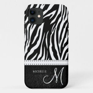 Black & White Zebra stripes with Black damask iPhone 11 Case