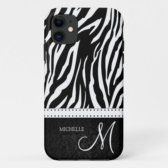 Black & White Zebra stripes with Black damask Case-Mate iPhone Case (Back)