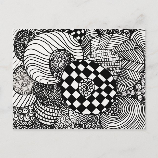 Black & White Zen Doodle Drawing Postcard (Front)