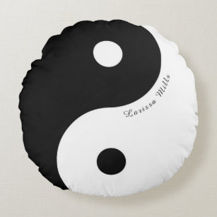 black/white zen Yin-Yang symbol with name Round Pillow