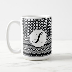Black & White Zig Zags, Retro Medallion Monogram Coffee Mug
