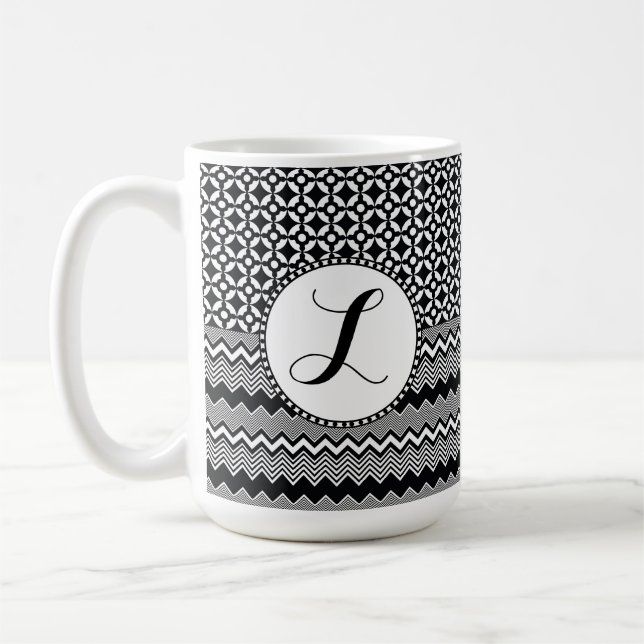 Black & White Zig Zags, Retro Medallion Monogram Coffee Mug (Left)
