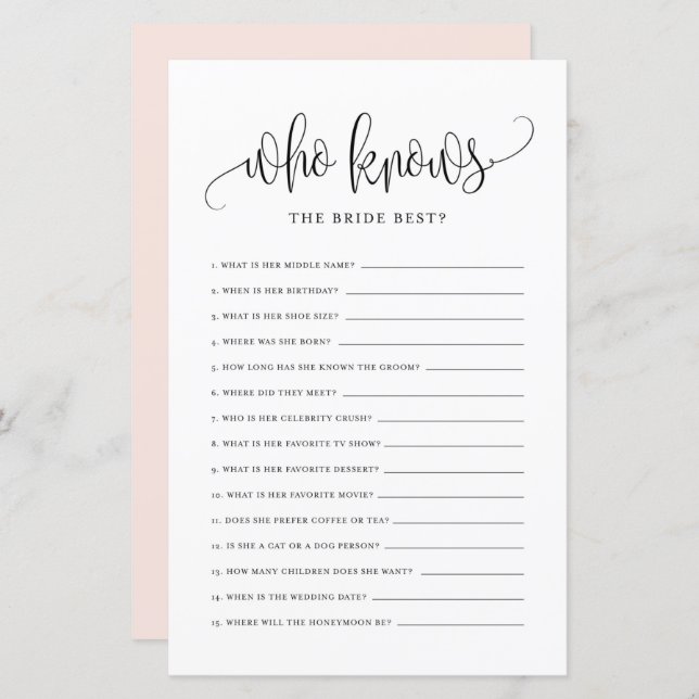 Black Who Knows the Bride Best Bridal Shower Game (Front/Back)