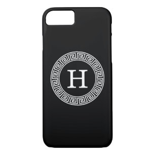 Black Wht Greek Key Rnd Frame Initial Monogram iPhone 8/7 Case