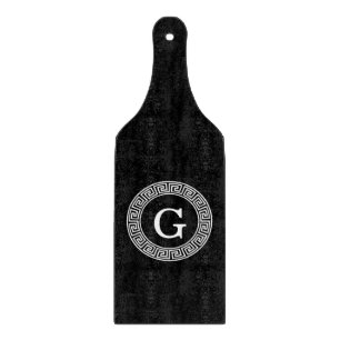 Black Wht Greek Key Rnd Frame Initial Monogram Cutting Board