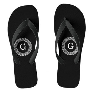 Black Wht Greek Key Rnd Frame Initial Monogram Flip Flops