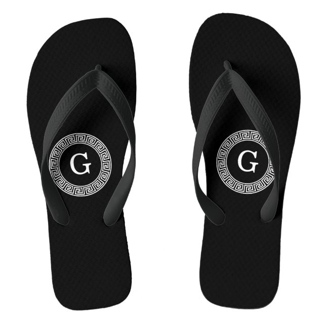 Black Wht Greek Key Rnd Frame Initial Monogram Flip Flops (Footbed)