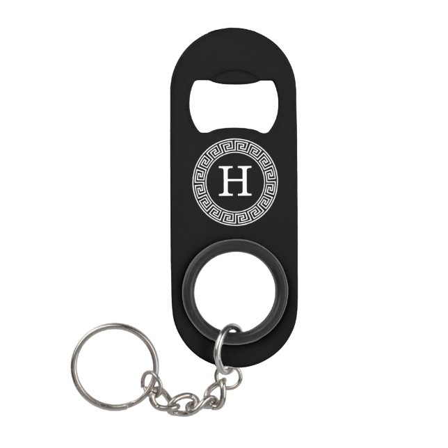 Black Wht Greek Key Rnd Frame Initial Monogram Keychain Bottle Opener (Front)