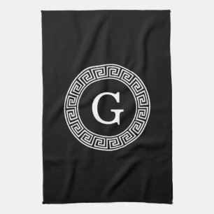 Black Wht Greek Key Rnd Frame Initial Monogram Kitchen Towel