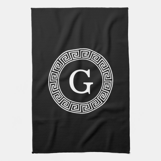 Black Wht Greek Key Rnd Frame Initial Monogram Kitchen Towel (Vertical)