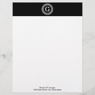 Black Wht Greek Key Rnd Frame Initial Monogram Letterhead